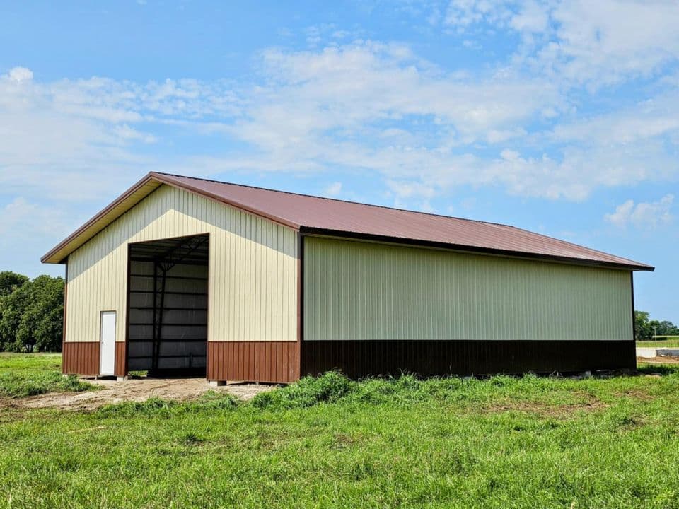 Large agricultural steel barn building